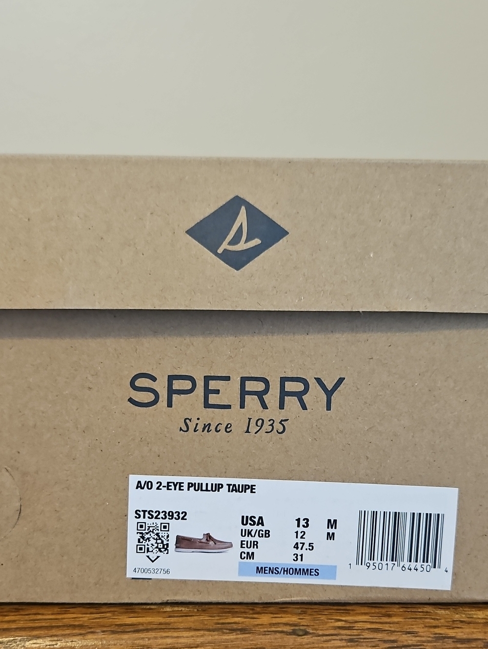 Sperry Taupe Cardboard Shoe Box with Navy Logo